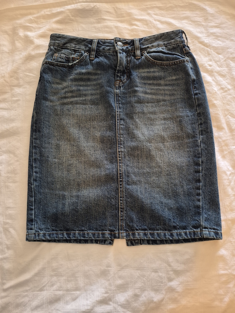 Y2K Blue Denim Skirt - Straight Pencil With Back Pockets Embroidery